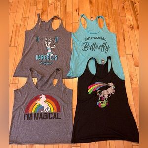 Bundle of 4 Graphic Racerback tanks. Size S